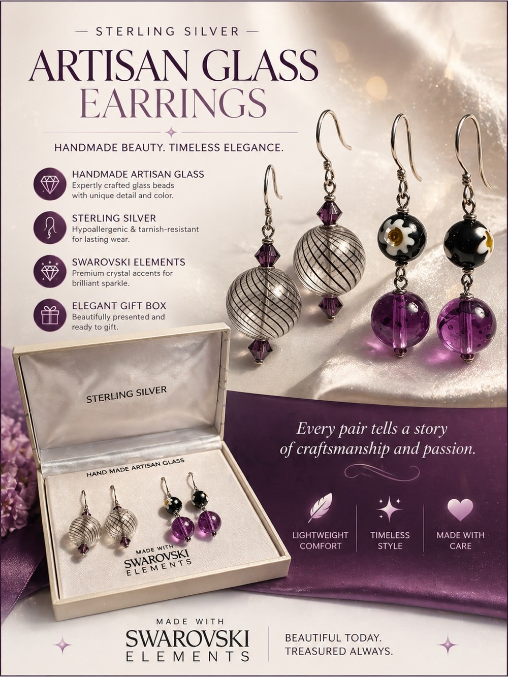Swarovski Purple Glass Drop Earrings with Black Accents